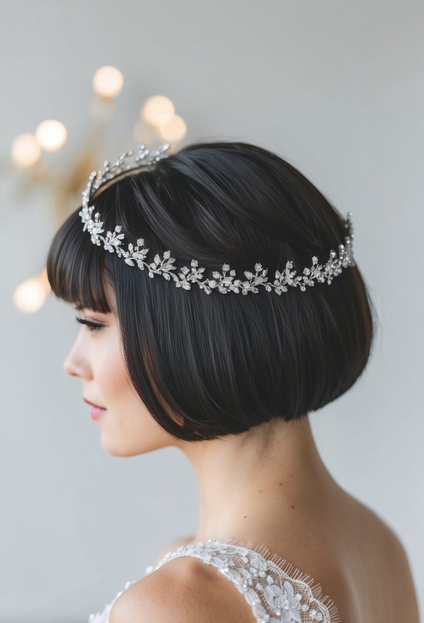 A modern shag haircut adorned with a delicate wedding tiara, set against a minimalist background with soft lighting