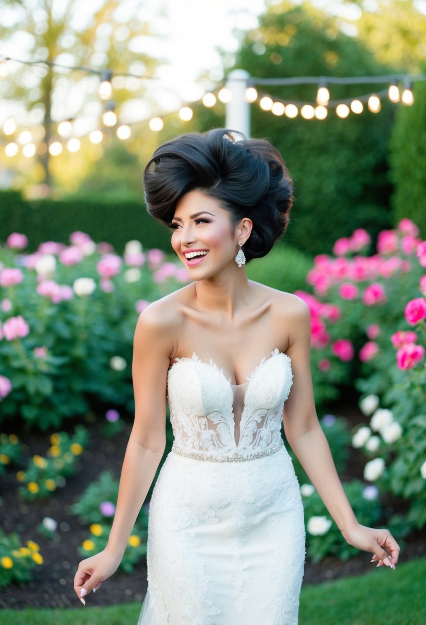 A bride with short, voluminous bouffant hair stands in a garden, surrounded by blooming flowers and twinkling lights, with a joyful expression on her face