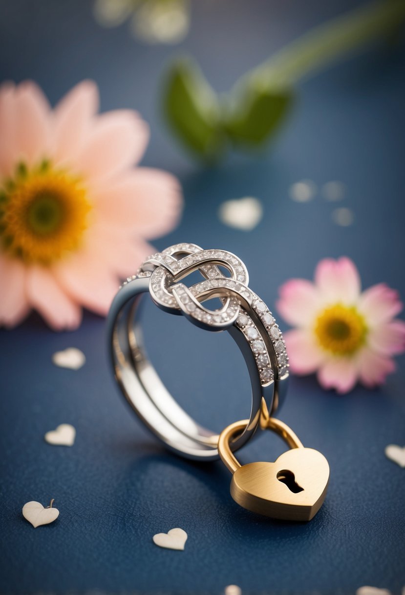 A wedding ring entwined with a forever knot symbol, surrounded by floral motifs and a heart-shaped lock