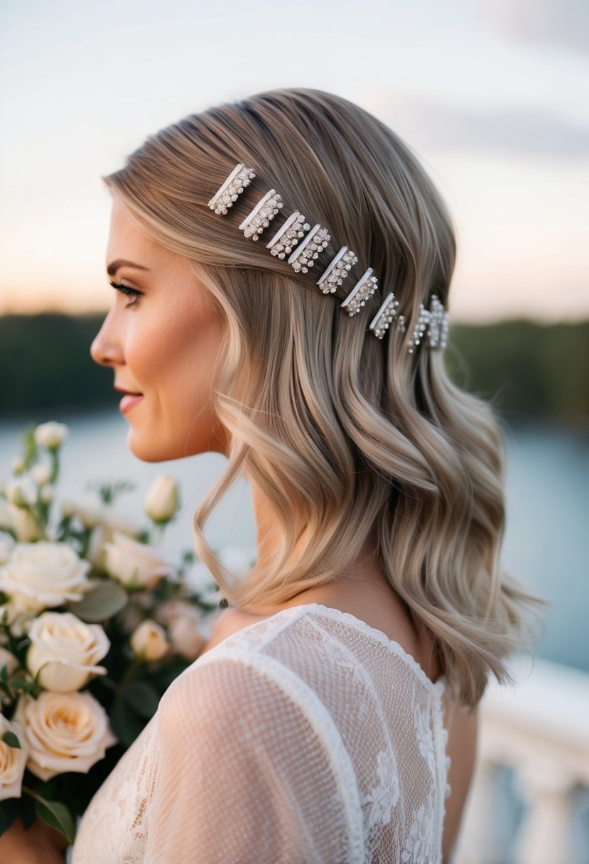 A soft wavy lob adorned with delicate hair clips, set against a romantic wedding backdrop