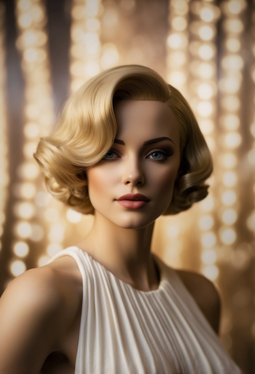 A short-haired figure stands against a backdrop of vintage Hollywood glamour. Soft waves cascade around the face, evoking a sense of timeless elegance