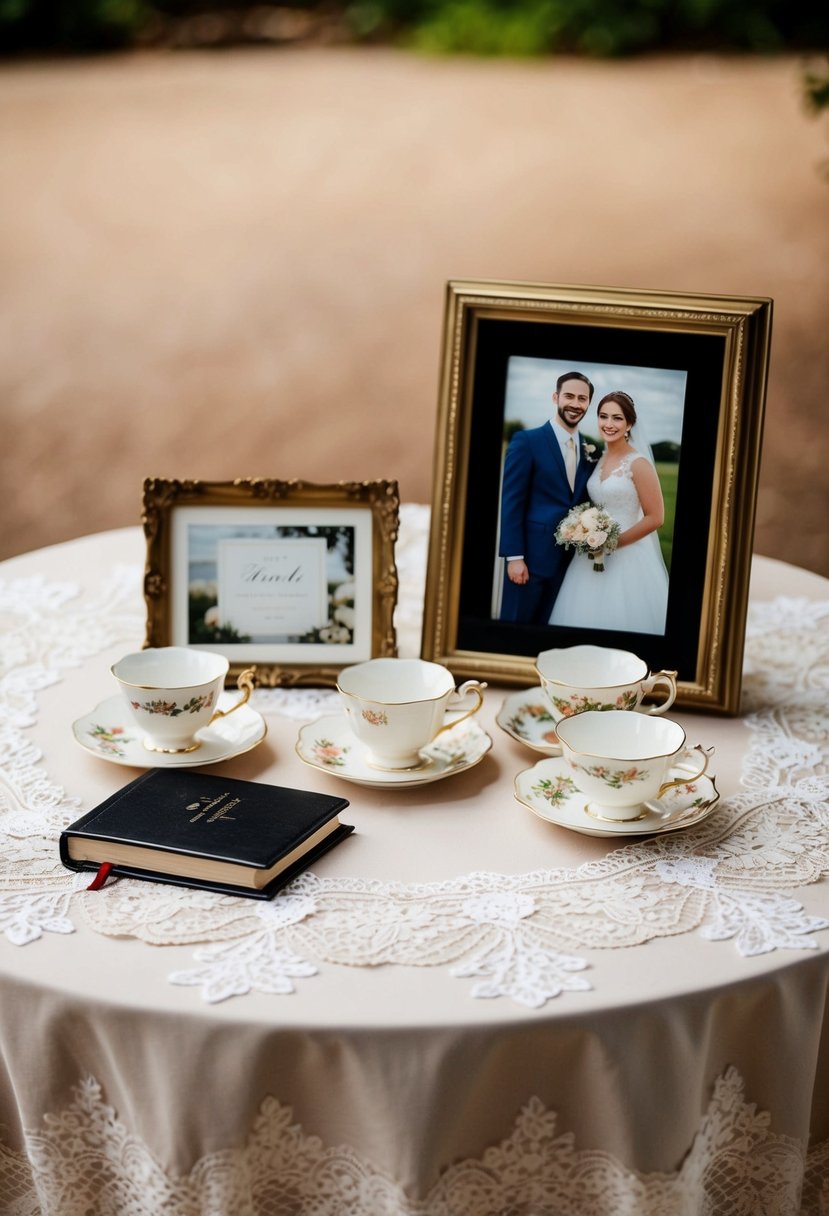 A table adorned with a delicate lace tablecloth, holding a collection of vintage tea cups, a guest book, and a framed photo of the newlyweds