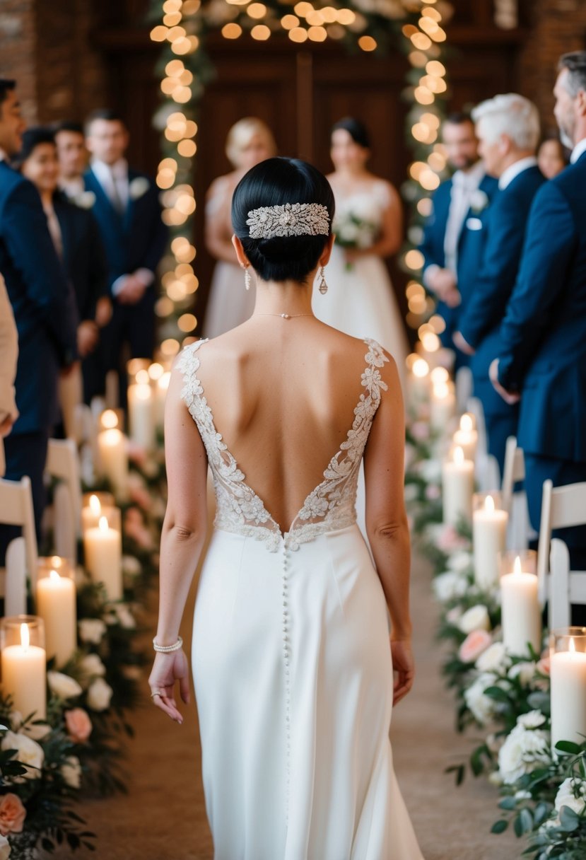 A bride with a short statement hairpiece walks down an aisle decorated with flowers and candles