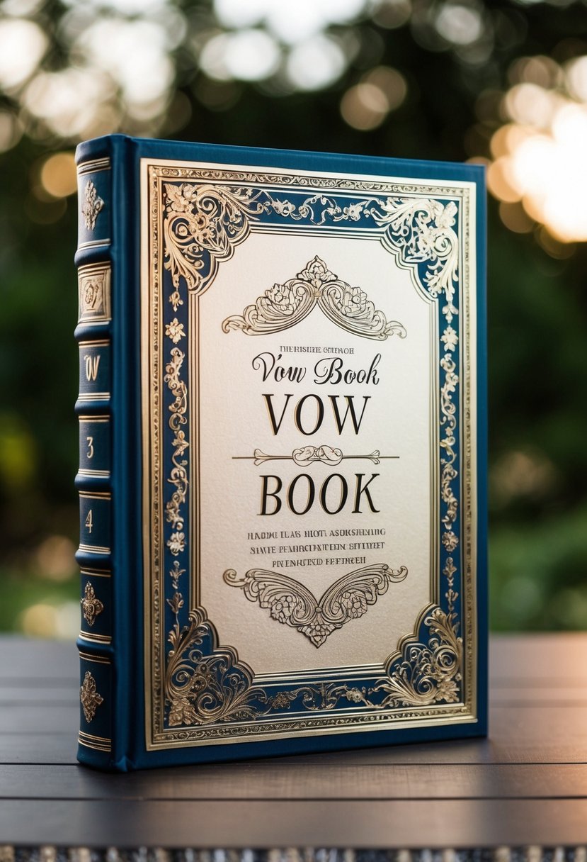 A decorative vow book with intricate designs and personalized details