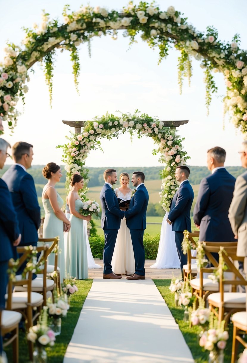 A serene outdoor wedding ceremony under a blooming archway, with a picturesque landscape in the background