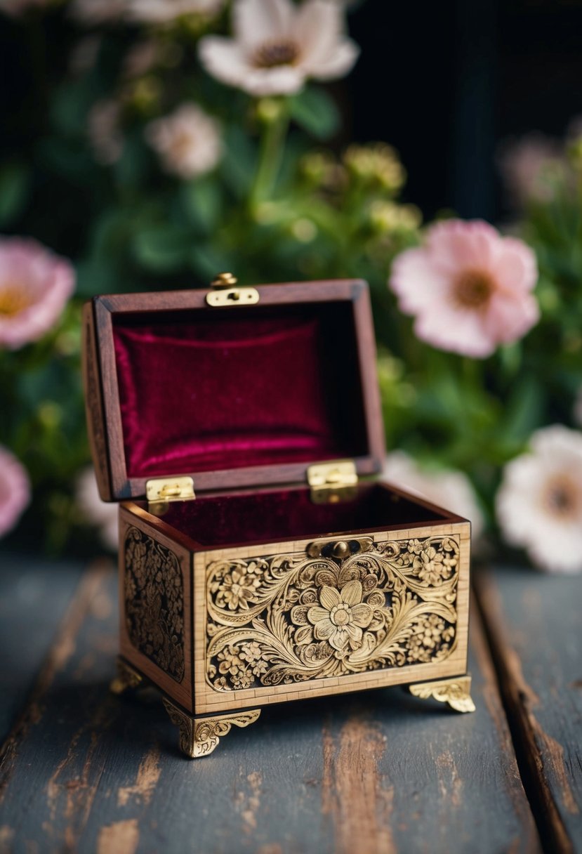 A small, ornate wooden box with intricate engravings, adorned with delicate floral patterns and a velvet lining