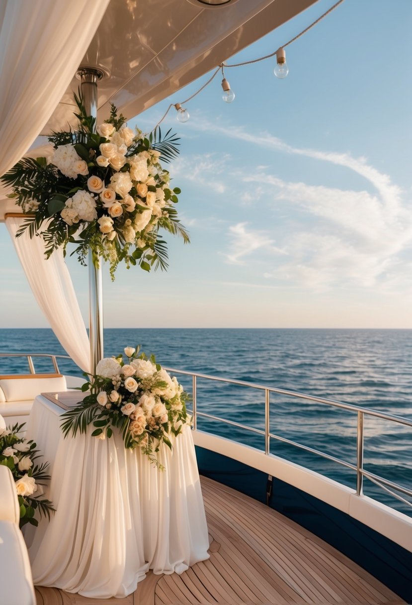 A yacht deck adorned with elegant floral arrangements, draped fabric, and twinkling lights for a romantic wedding celebration at sea