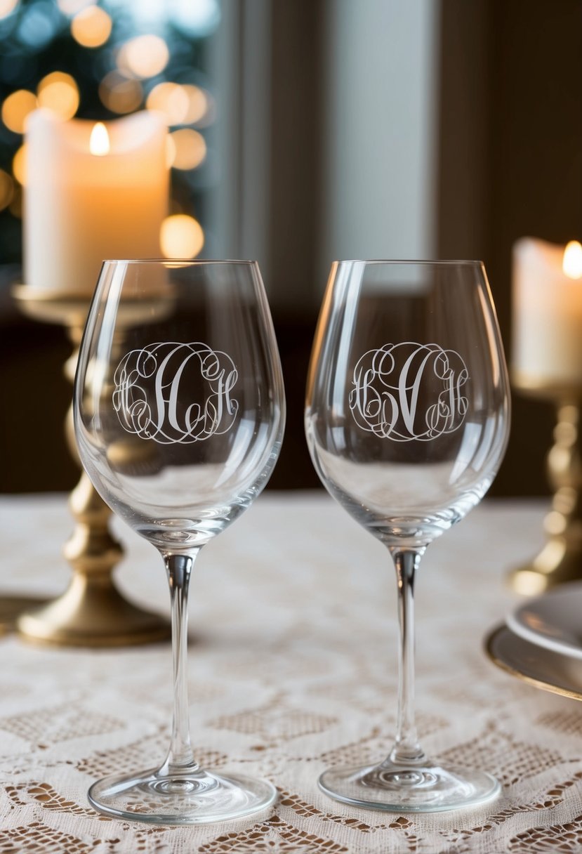 Two elegant monogrammed wine glasses displayed on a lace tablecloth with soft candlelight in the background