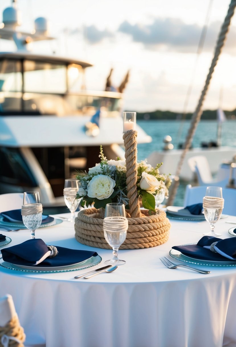 A table adorned with nautical rope-accented centerpieces, set against the backdrop of a luxurious yacht wedding celebration