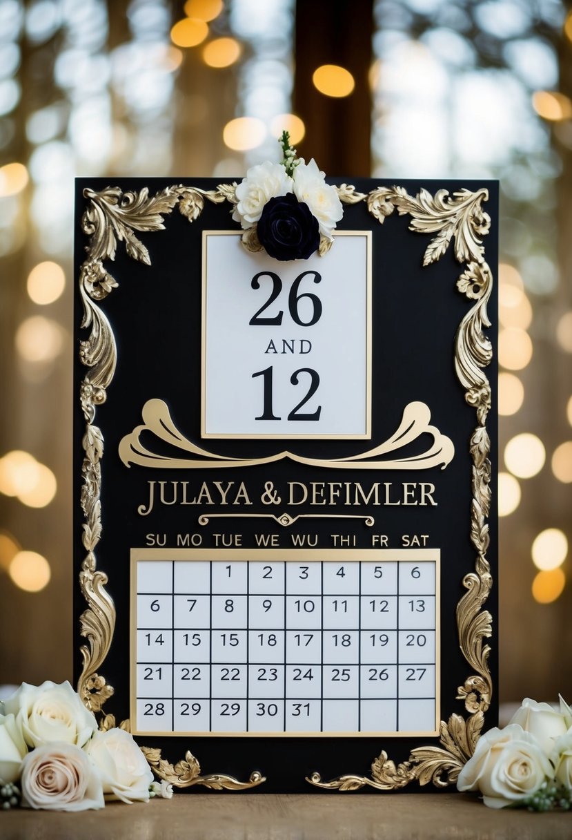 A calendar plaque with highlighted wedding date surrounded by decorative elements and space for personalization