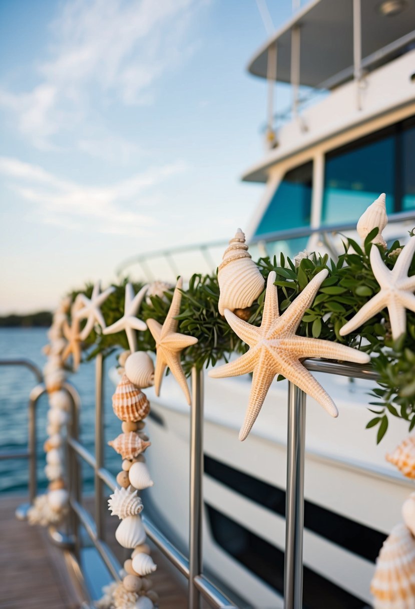 A garland of starfish and seashells adorns the yacht's railing, adding a touch of beachy elegance to the wedding celebration