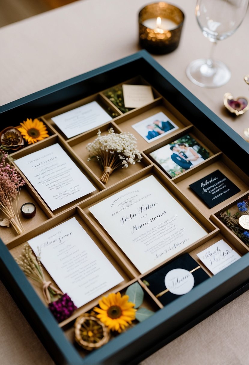 A shadow box filled with wedding mementos: dried flowers, invitation, photos, and other keepsakes arranged in an artistic display