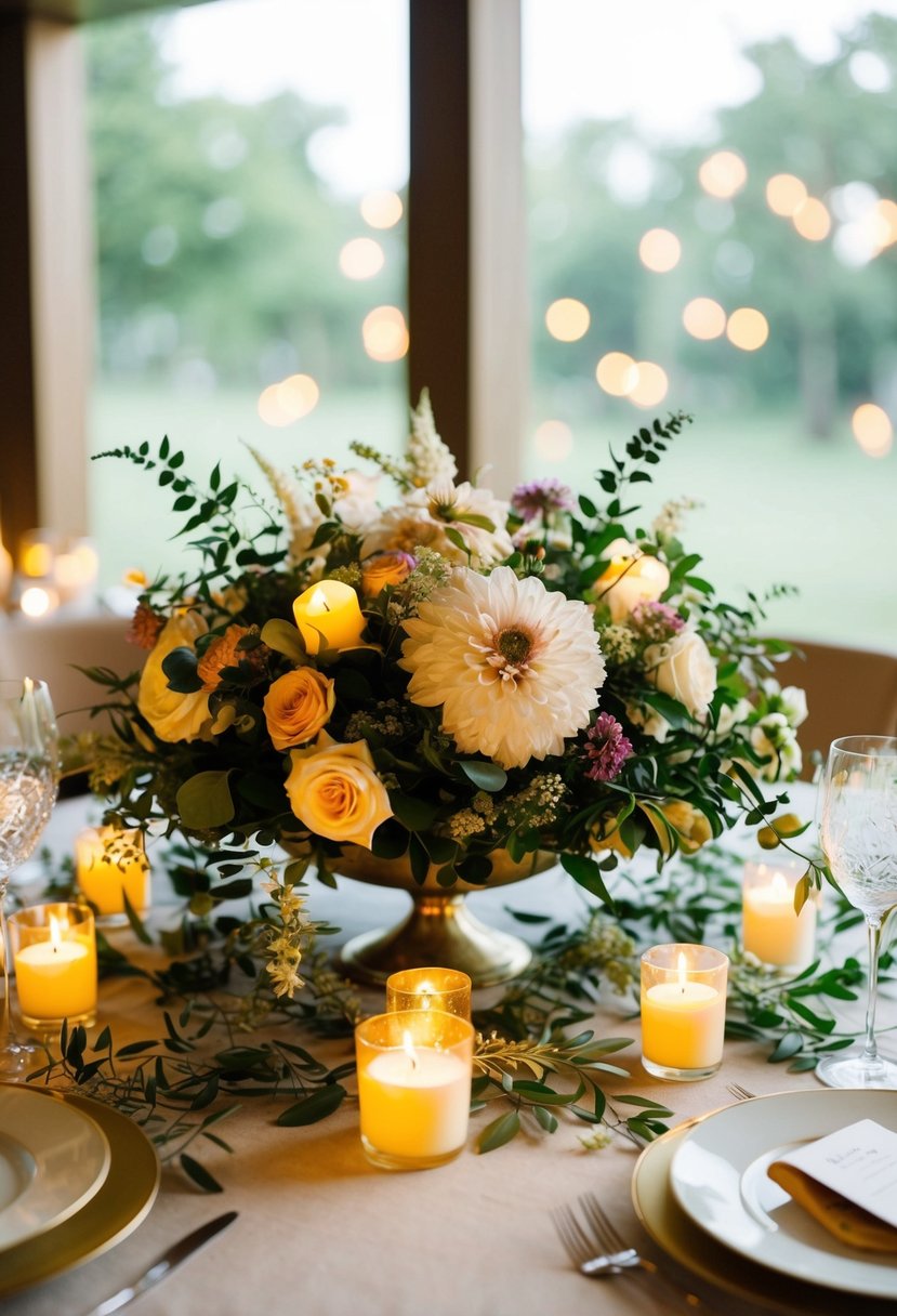 A round table adorned with a lush floral centerpiece, surrounded by flickering candles and delicate greenery