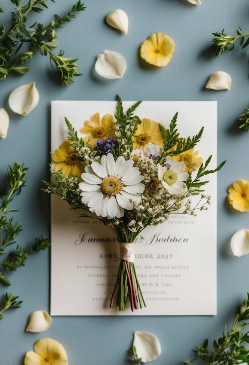 A delicate bouquet of pressed flowers arranged on a wedding invitation, surrounded by scattered petals and greenery