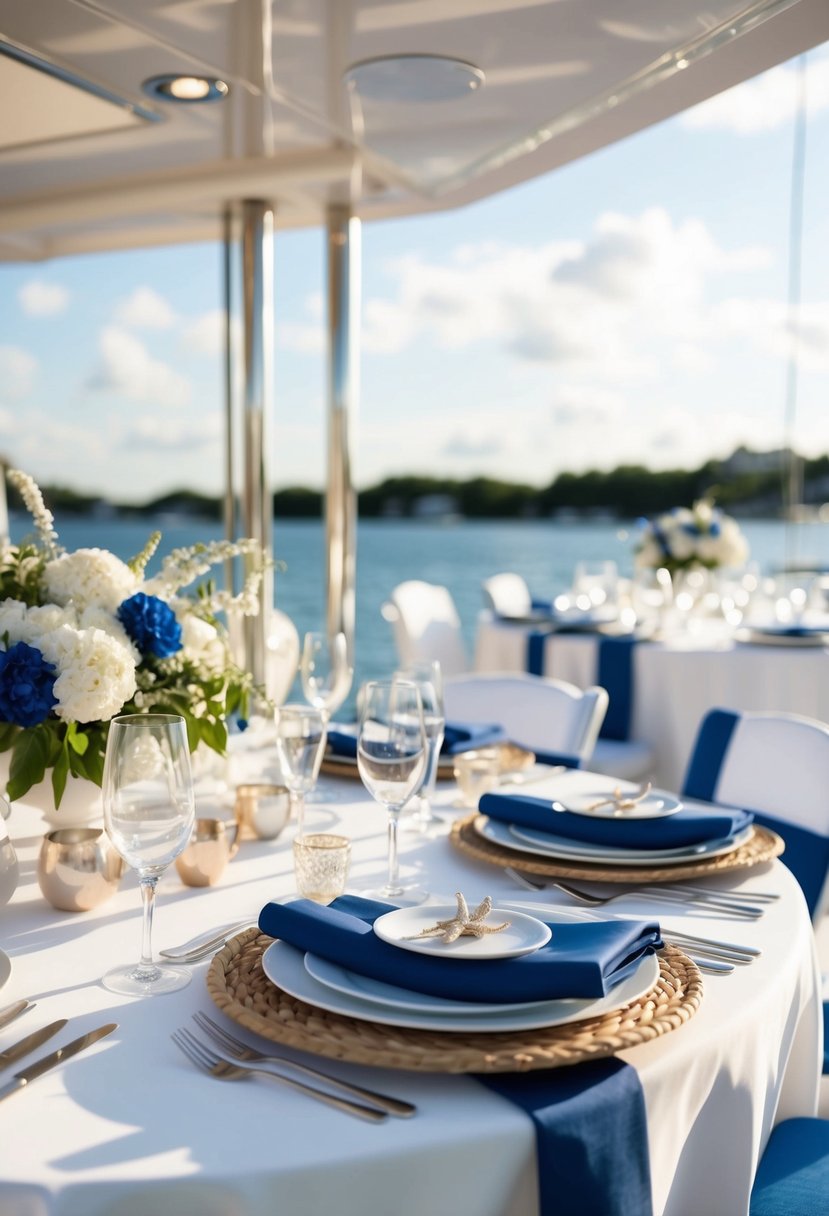 A white and blue table setting with elegant linens and nautical decor for a yacht wedding