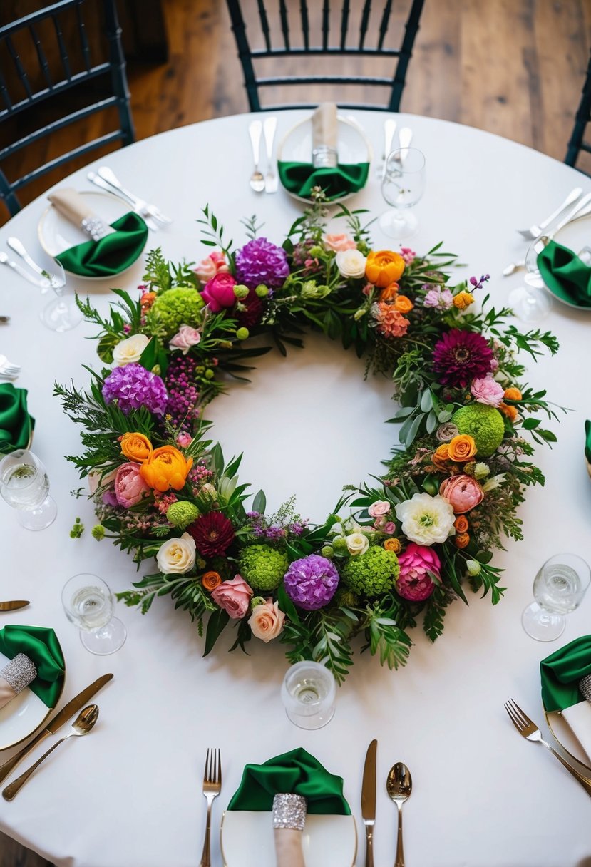 A round table adorned with a lush floral wreath centerpiece, featuring a variety of colorful blooms and greenery arranged in a circular formation