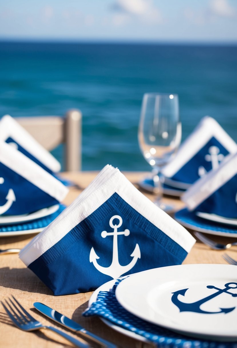 Anchor-themed cocktail napkins arranged on a nautical-themed table setting, with a view of the ocean in the background