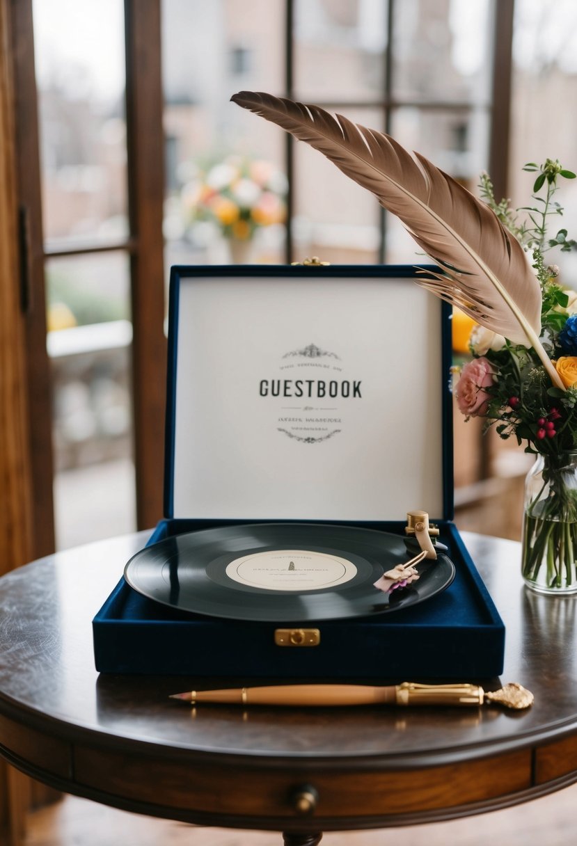 A custom vinyl record guestbook displayed on a vintage table with a quill pen and floral decor