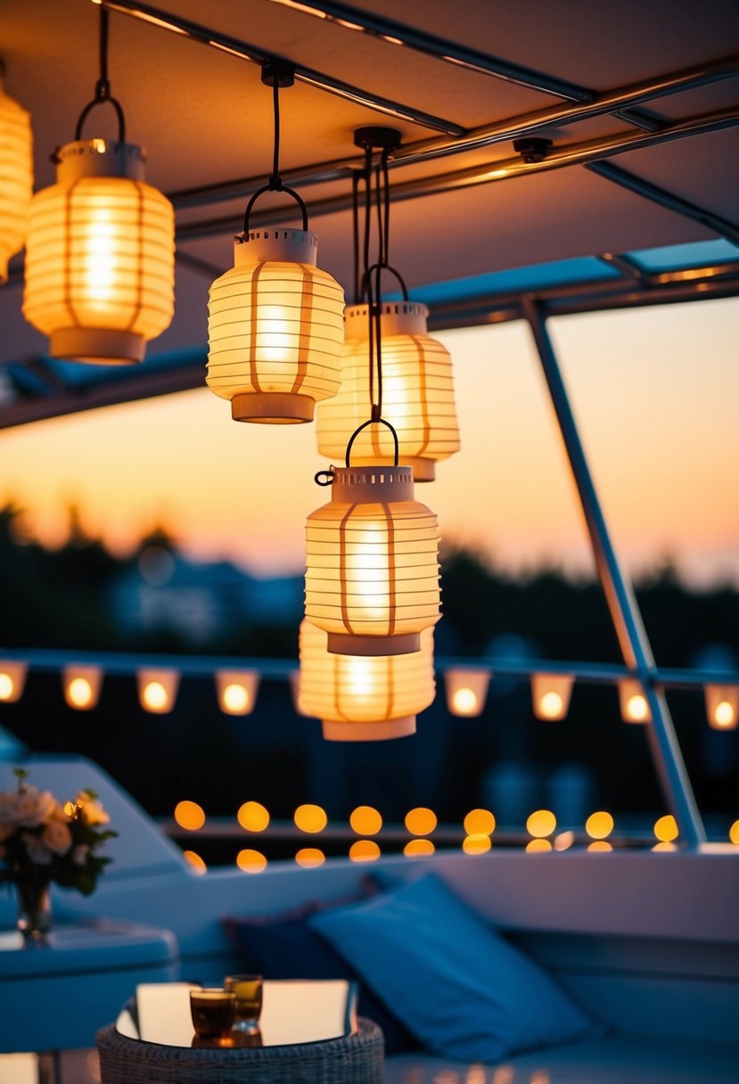 Glowing LED lanterns hang from the yacht's canopy, casting a warm, romantic light over the deck, creating a magical ambiance for a wedding celebration