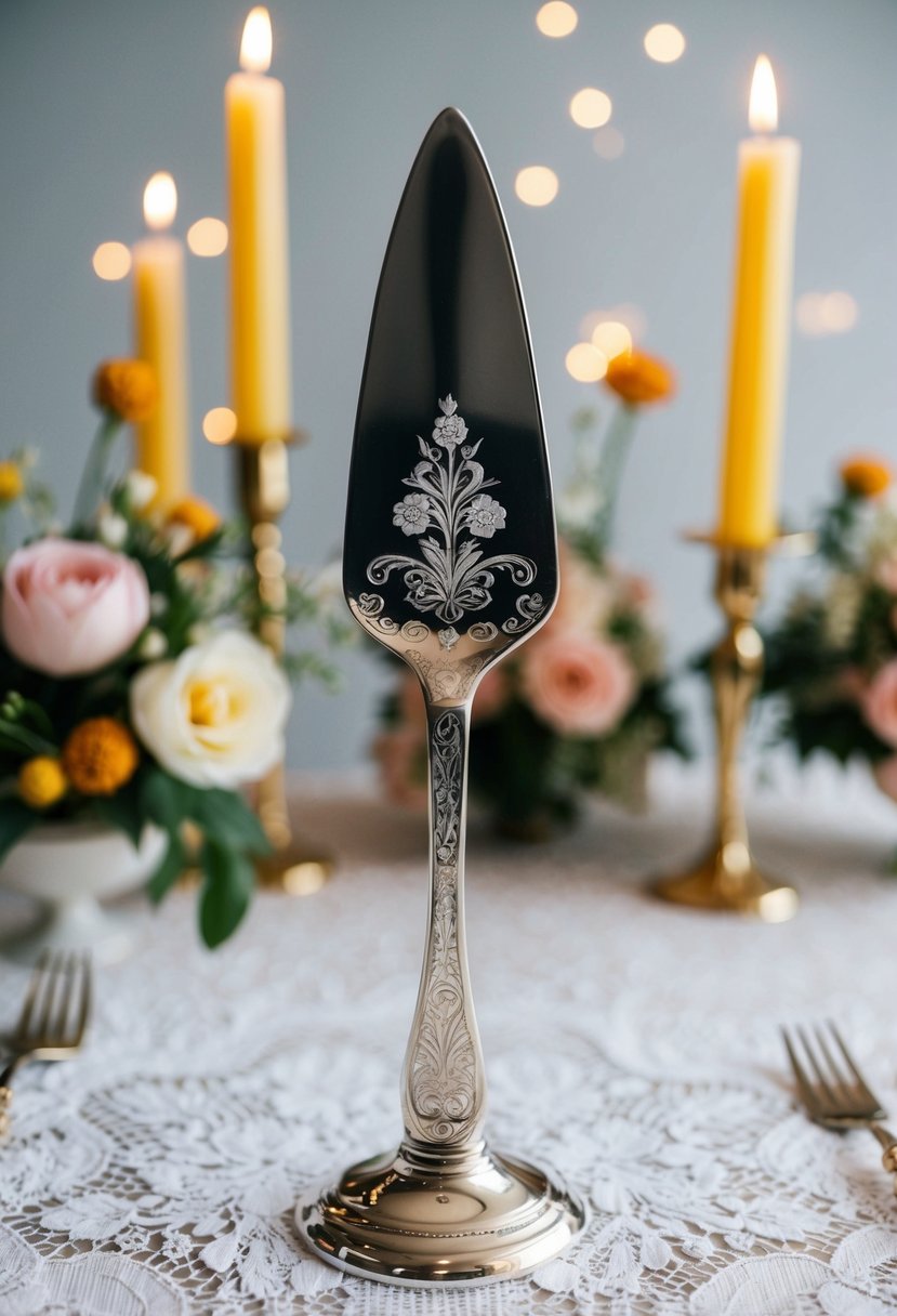 A beautifully engraved cake server set displayed on a lace tablecloth with delicate floral arrangements and candles in the background