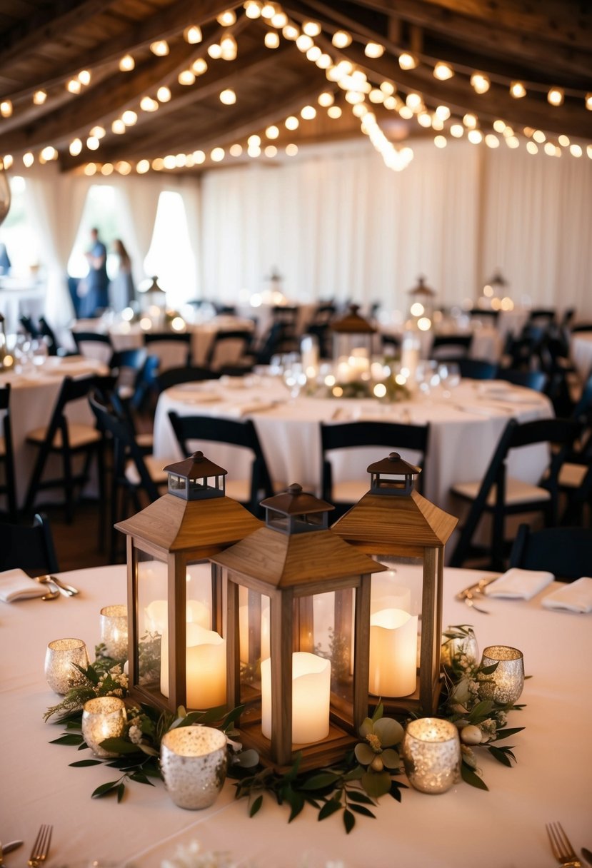 A cluster of rustic wooden lanterns arranged as wedding centerpieces on round tables