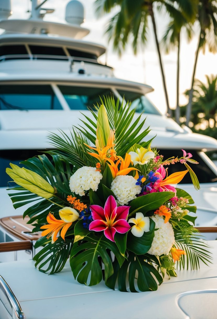 Lush tropical flower bouquets adorn a luxurious yacht, adding vibrant color and natural beauty to a stunning wedding celebration