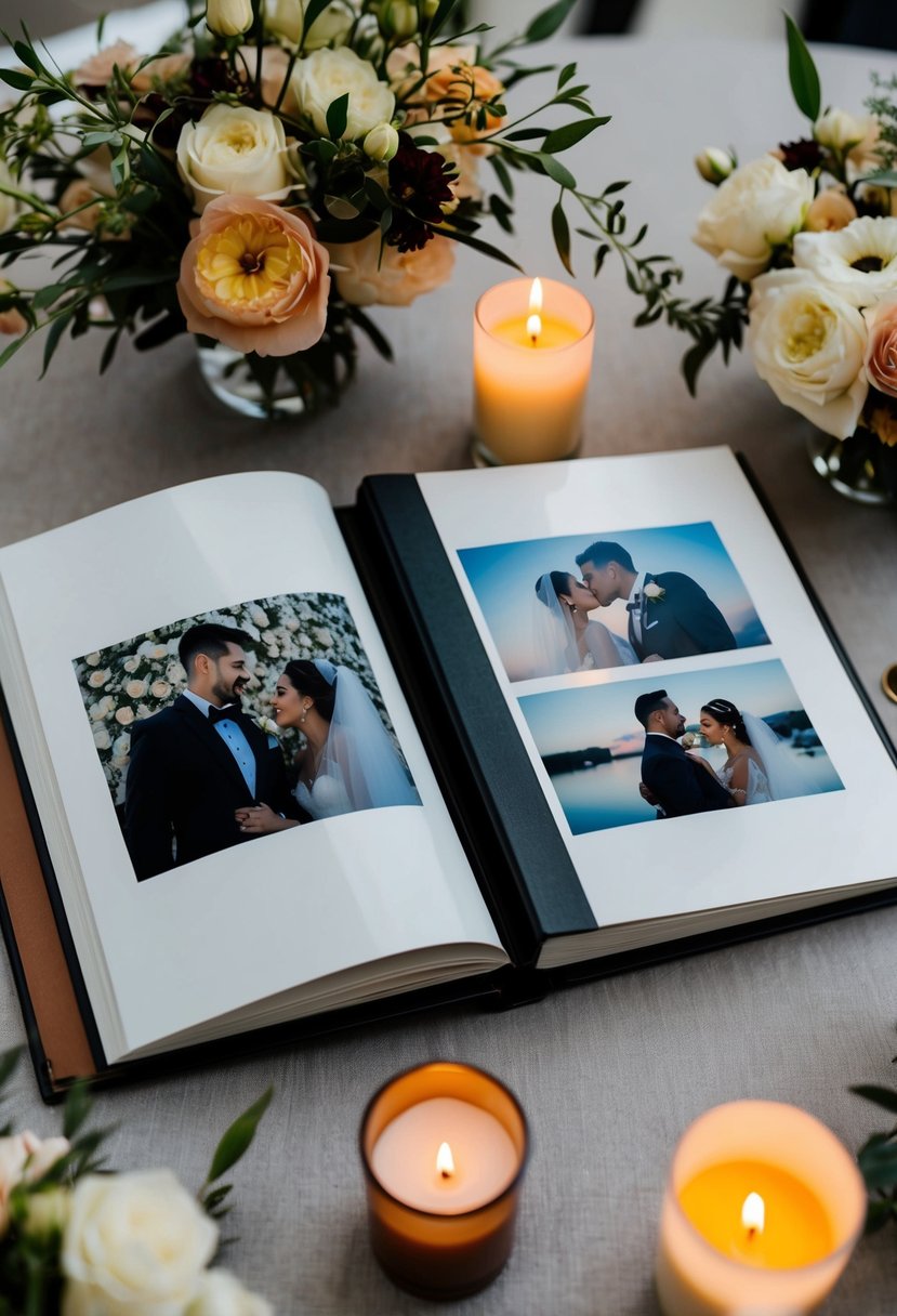 A wedding photo album open on a table surrounded by flowers and candles