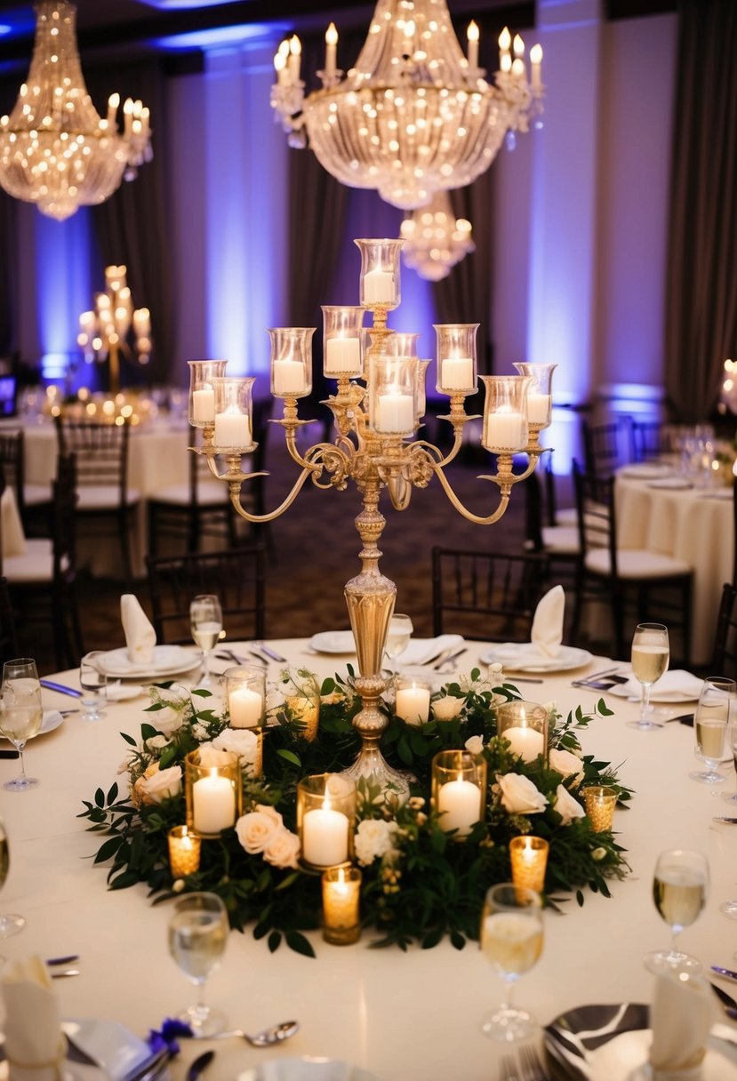 A circular table adorned with elegant candelabra arrangements, casting a warm glow over the wedding reception