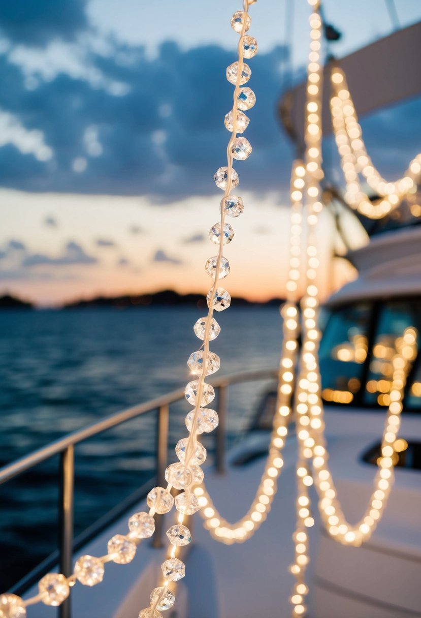 Glistening pearl and crystal string lights adorn a yacht, casting a romantic glow over the wedding celebration