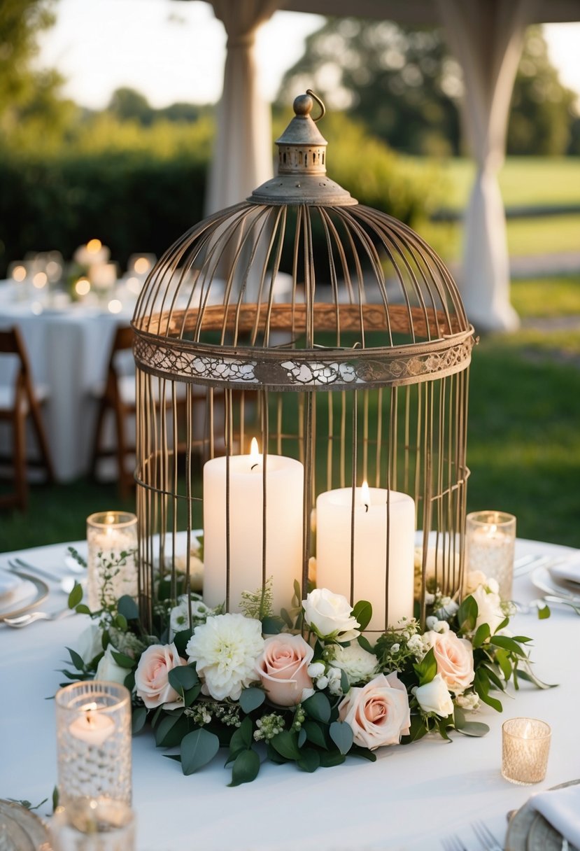 A vintage birdcage adorned with flowers and candles serves as a wedding centerpiece on a round table