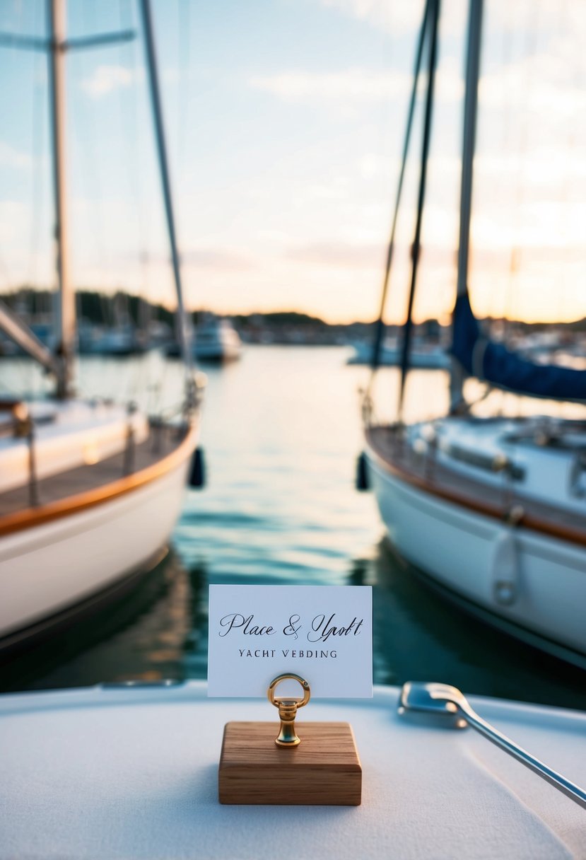 A serene harbor with sailboats adorned with customizable place cards for a yacht wedding