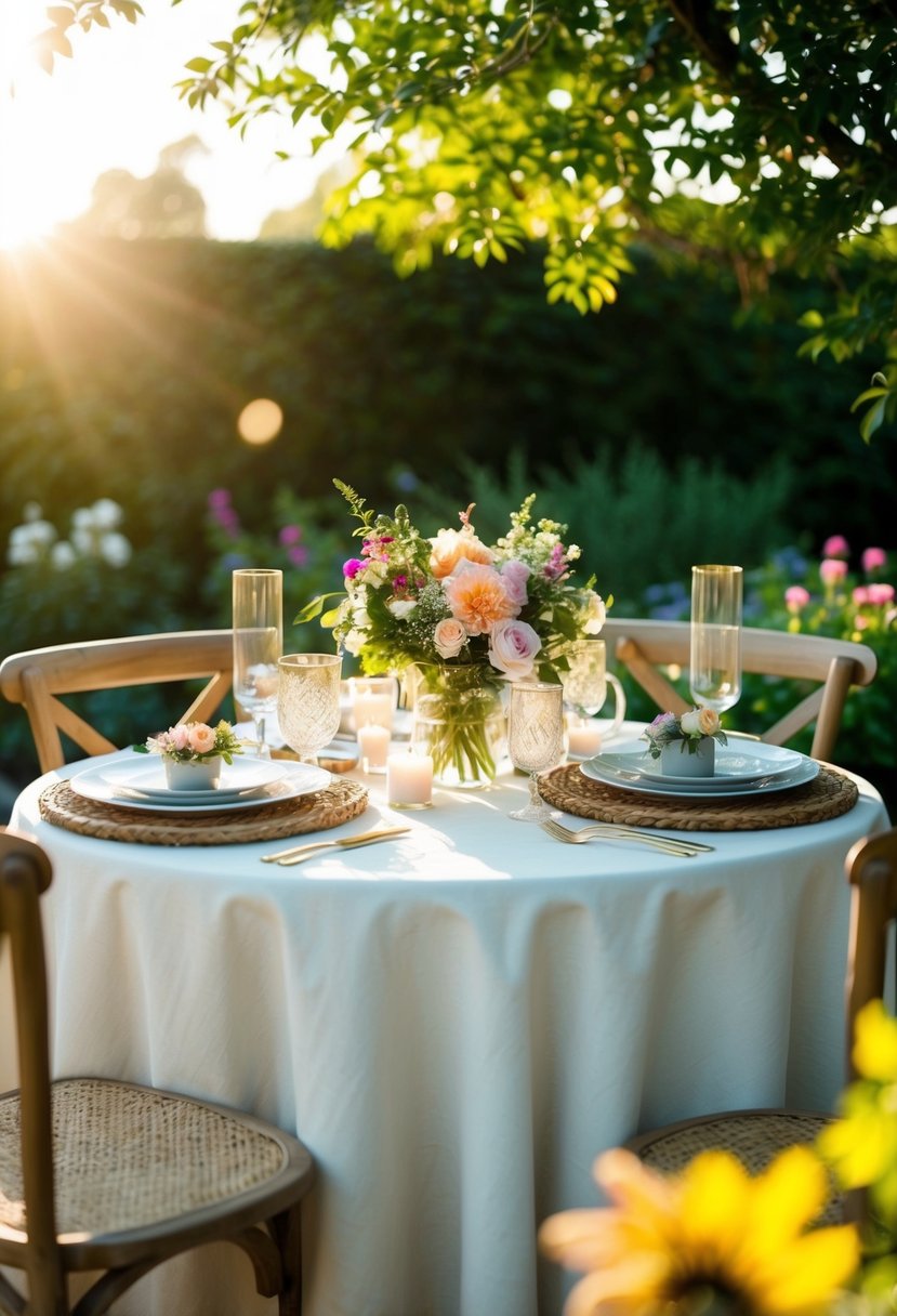 A cozy table set for two, adorned with flowers and candles, sits in a sunlit garden