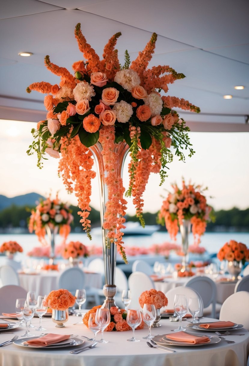 Lush coral-colored flowers cascade from elegant vases, adorning tables at a luxurious yacht wedding