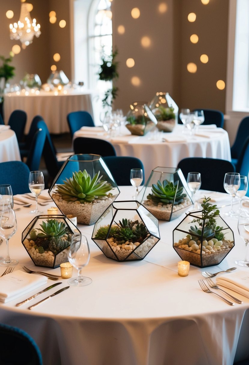 A round table adorned with various succulent terrarium displays, serving as elegant wedding centerpieces