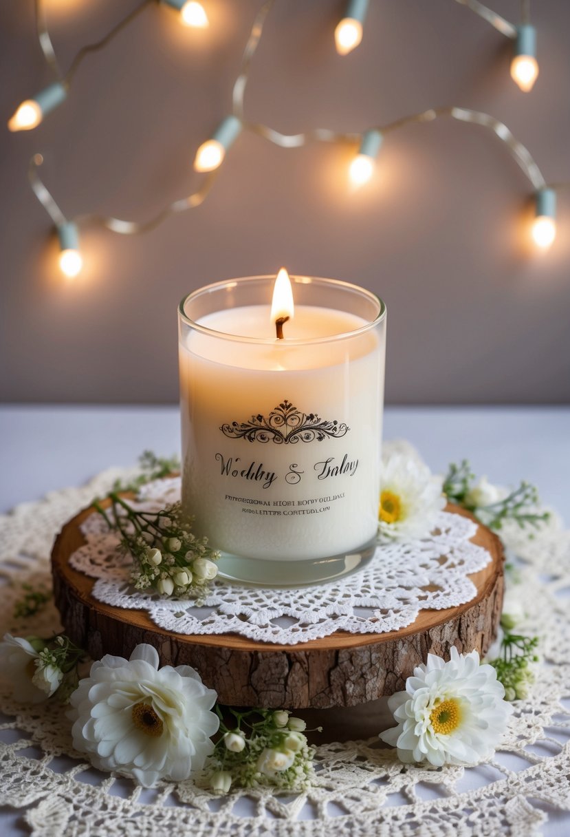 A personalized wedding day candle sits atop a lace doily, surrounded by delicate flowers and twinkling fairy lights