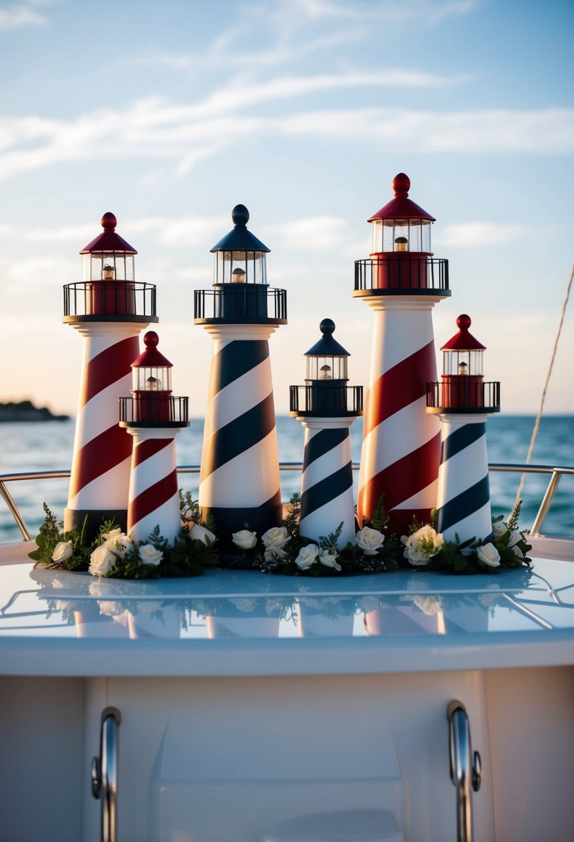 A cluster of miniature lighthouse decorations arranged on a yacht, serving as elegant wedding decor