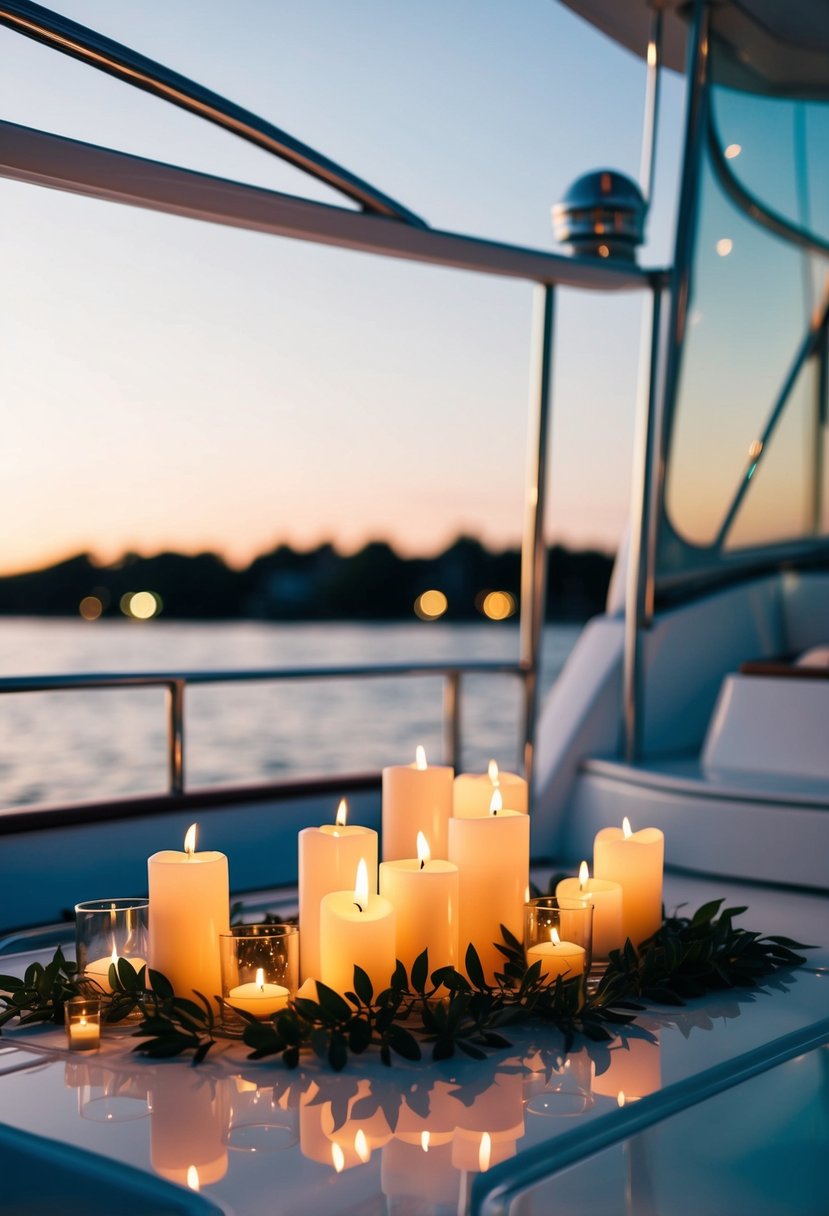 A yacht deck adorned with ocean breeze scented candles, creating a romantic ambiance for a wedding celebration