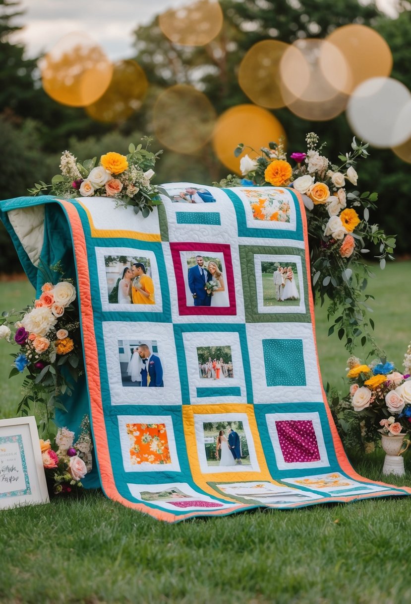 A colorful wedding quilt with photo-printed patches, surrounded by flowers and wedding memorabilia