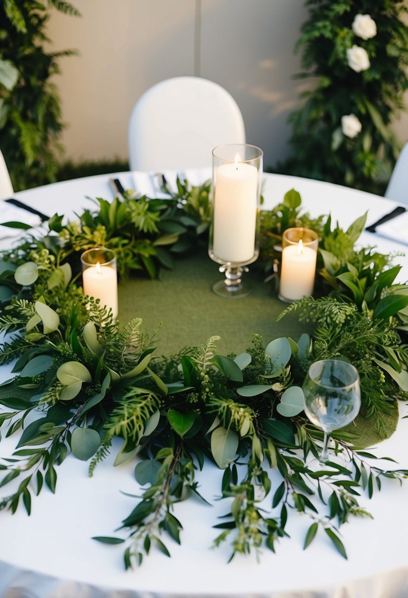 A round table adorned with lush greenery garlands, creating a natural and elegant wedding centerpiece