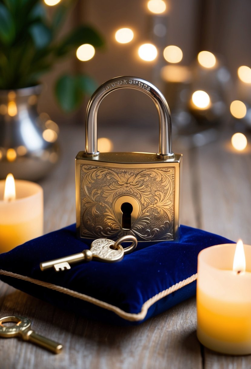 A beautifully engraved lock and key set displayed on a velvet cushion, surrounded by soft candlelight