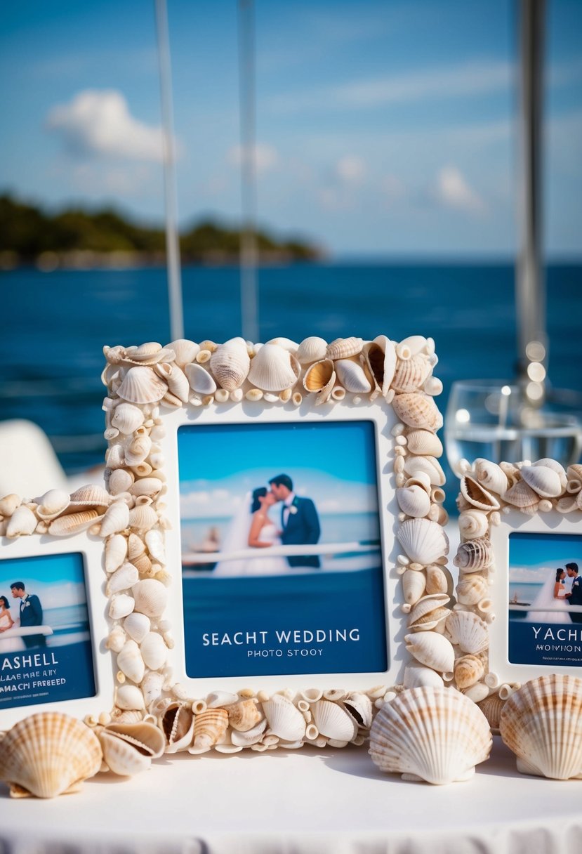 Seashell-embedded photo frames adorn a yacht wedding, adding a touch of seaside elegance to the nautical decor