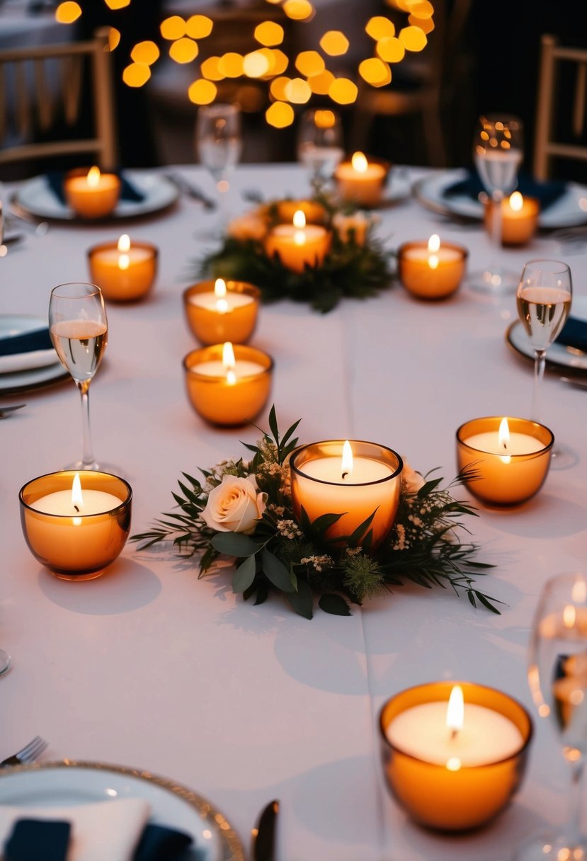 A round table adorned with floating candle bowls as a wedding centerpiece, casting a warm and romantic glow