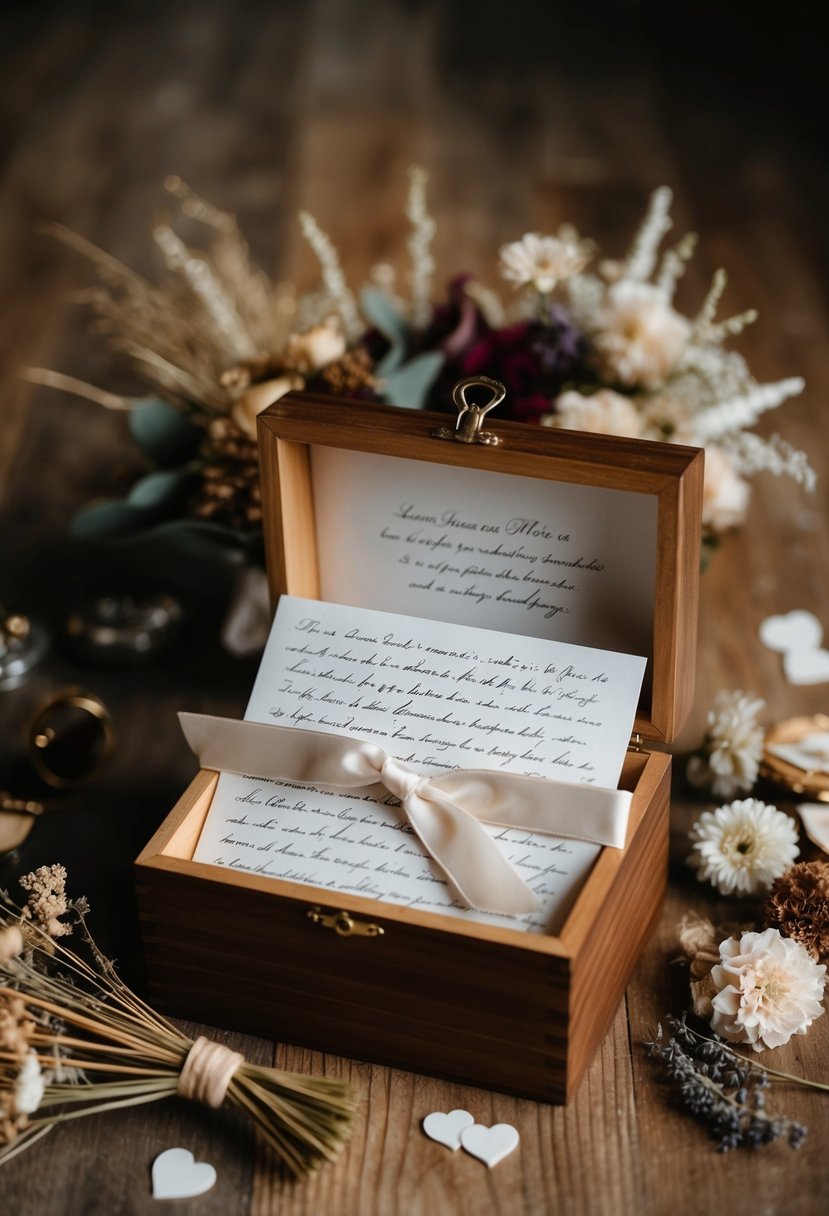 A wooden box filled with handwritten letters, tied with a satin ribbon, surrounded by dried flowers and wedding mementos