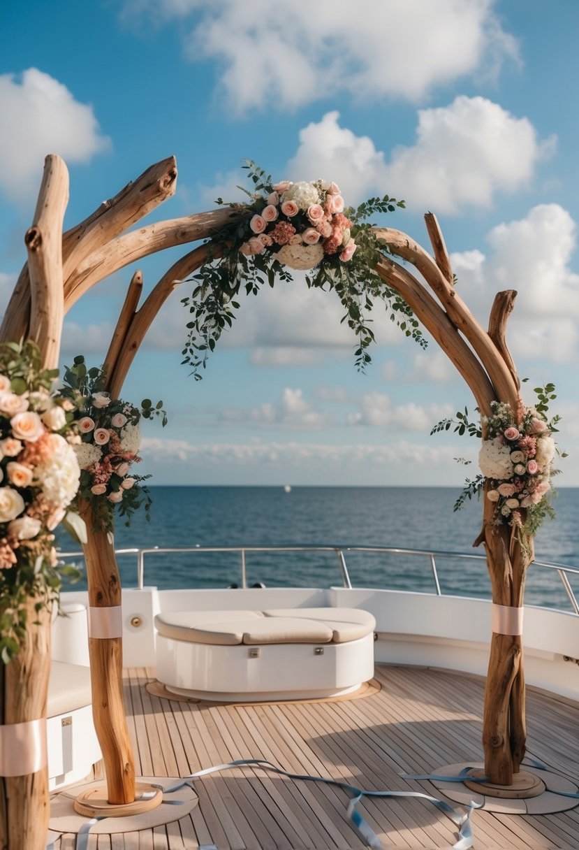 Driftwood arches adorned with elegant flowers and ribbons on a yacht deck