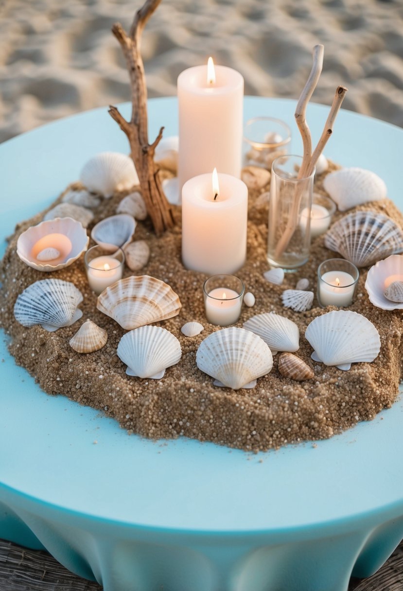 A round table adorned with seaside shells and sand, accented with candles and driftwood for a beach-themed wedding centerpiece