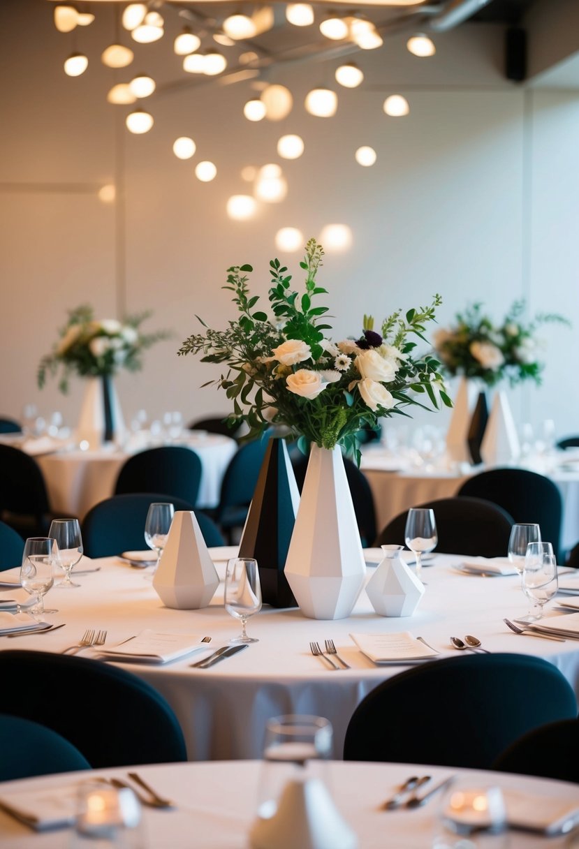 A cluster of modern geometric vases arranged as wedding centerpieces on round tables