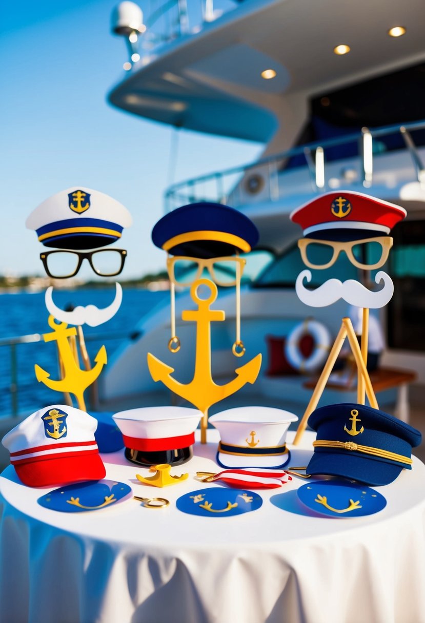 A table adorned with nautical-themed photo booth props, including captain's hats, anchors, and sailor's caps, set against a backdrop of a luxurious yacht deck