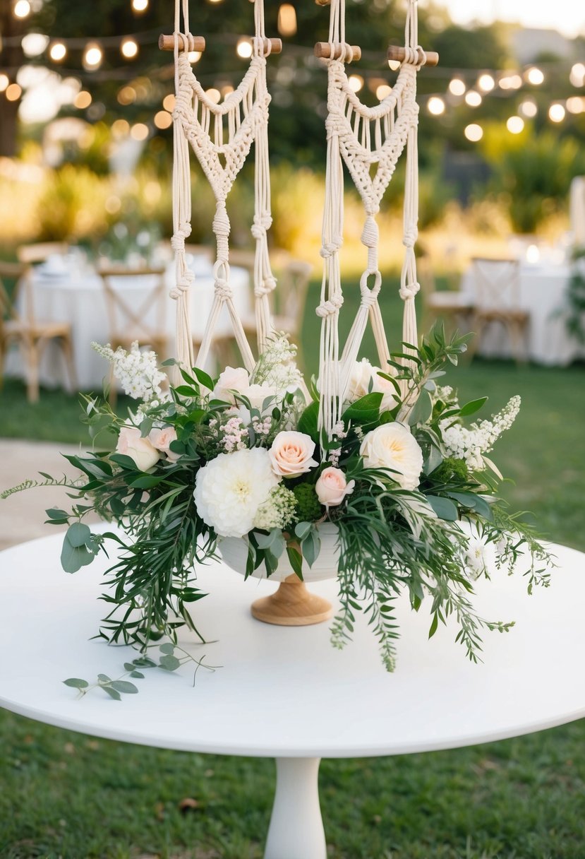 A round table adorned with bohemian macramé hangers holding lush greenery and delicate flowers, creating a whimsical and romantic wedding centerpiece