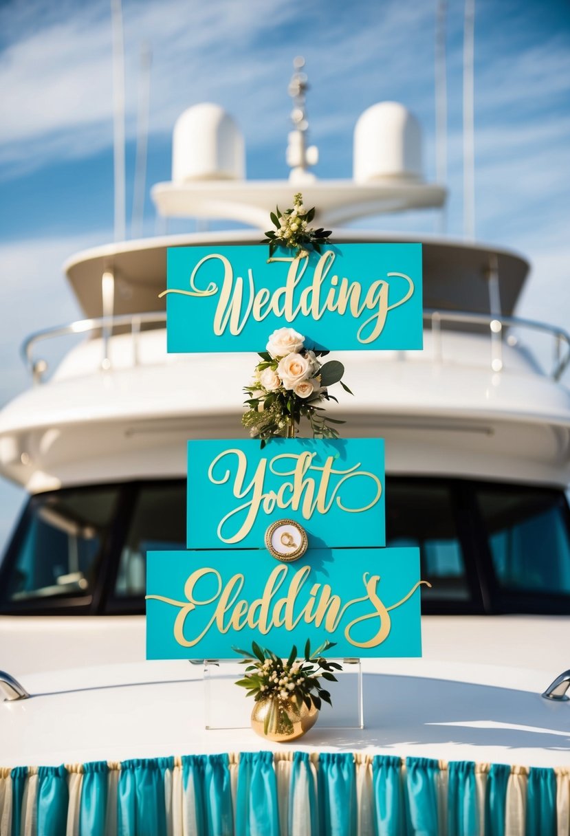 Turquoise and gold calligraphy signs adorn a luxurious yacht, creating elegant wedding decoration ideas