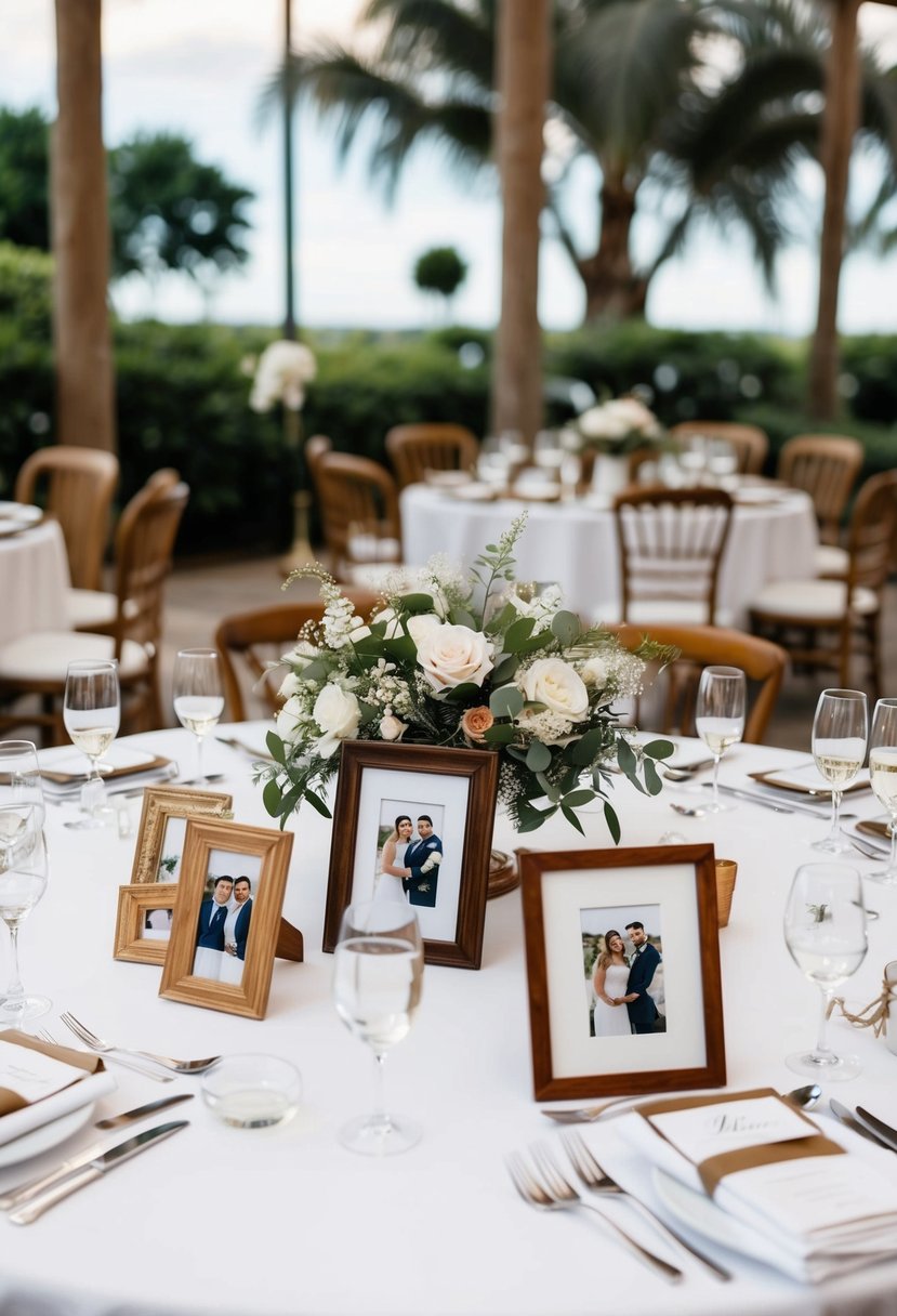 A round table with personalized photo frame centerpieces and floral arrangements